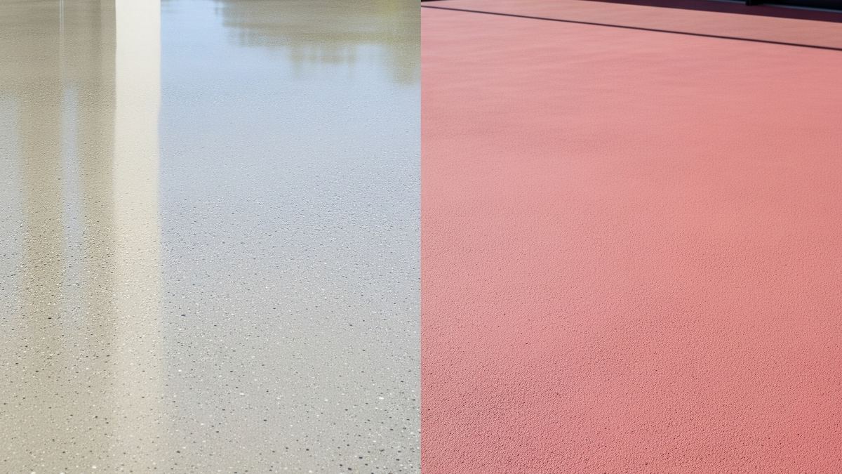 Beton ve renkli epoksi zeminlerin yan yana görünümü